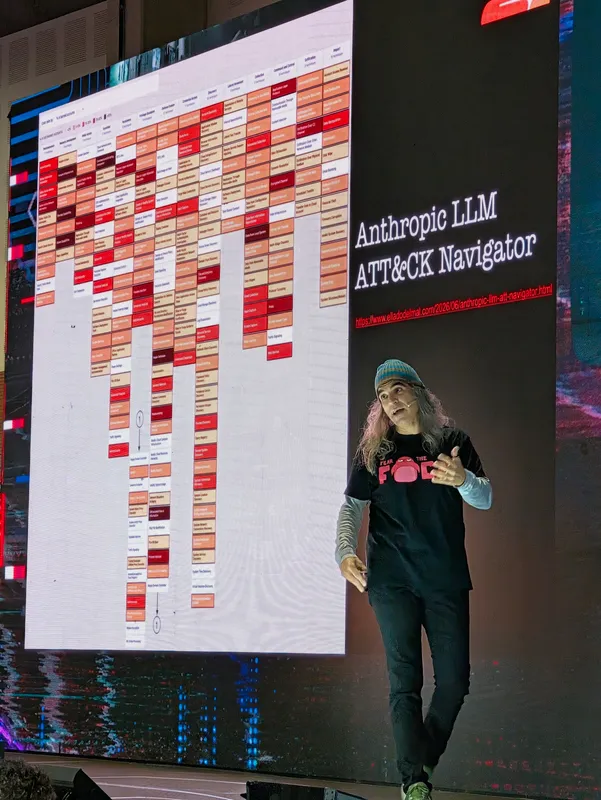Chema Alonso on the Ekoparty 2026 Maintrack stage, in front of Anthropic's LLM ATT&CK Navigator