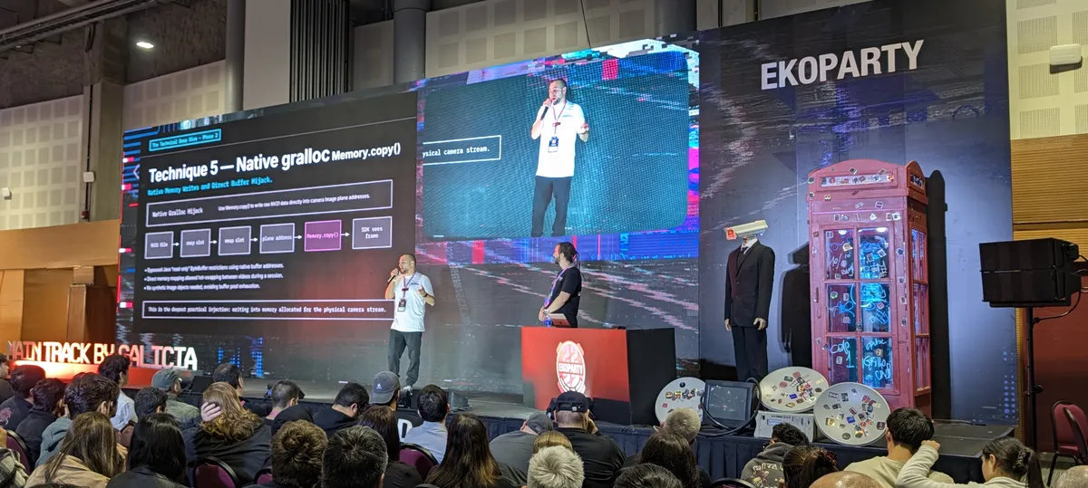Dan Borgogno and Javier Bernardo on the Maintrack stage; the screen reads "Technique 5 — Native gralloc Memory.copy()"