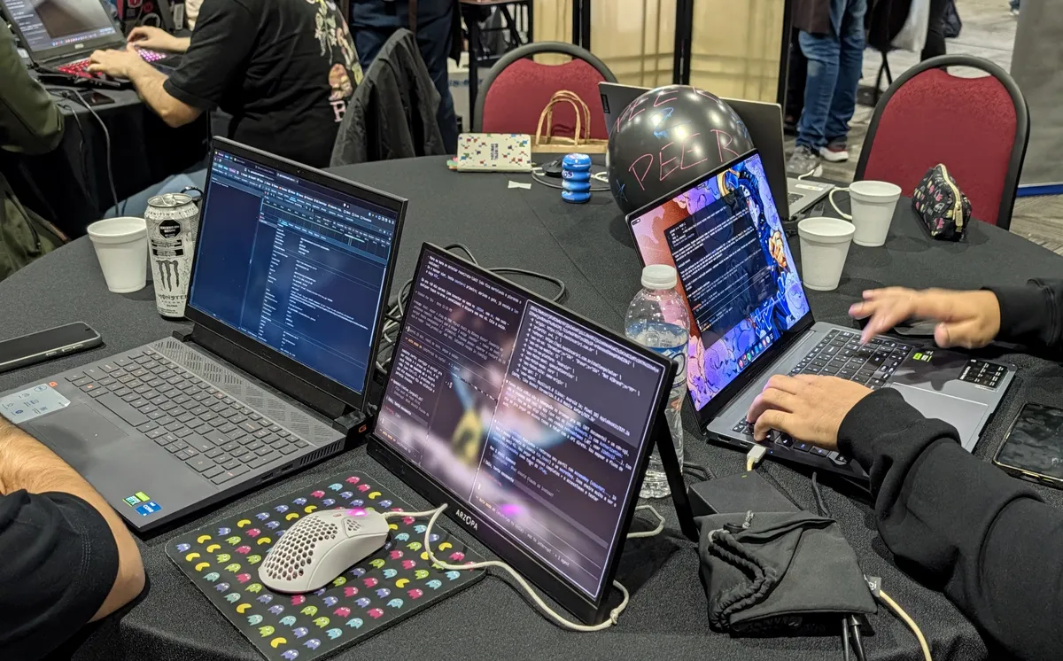 A CTF table crowded with laptops and a portable monitor, every screen full of terminals
