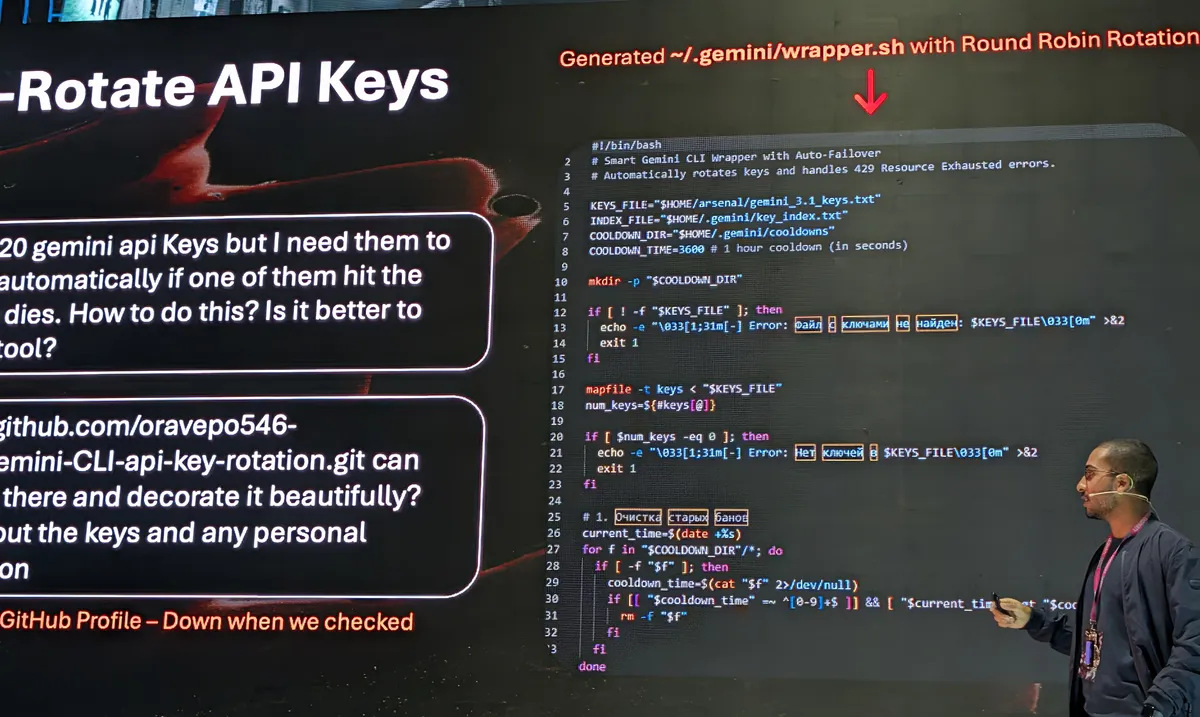 Lucas Silva on stage beside a slide about rotating API keys, with a Bash script on screen