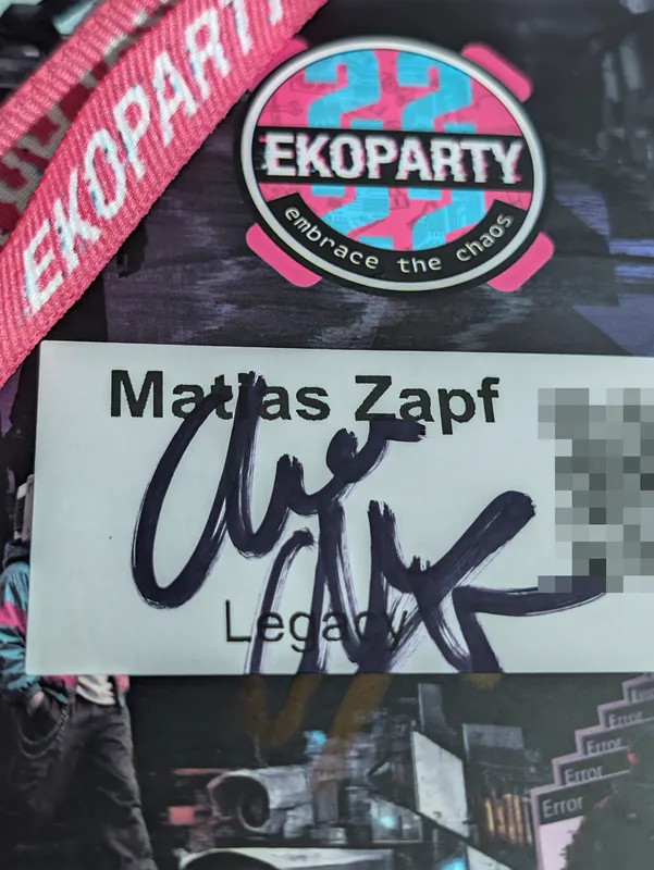 My Ekoparty 2026 badge, signed by Chema Alonso